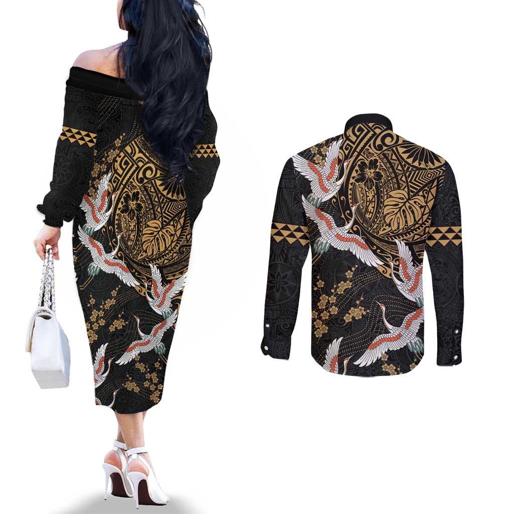 Hawaii and Japanese Together Couples Matching Off The Shoulder Long Sleeve Dress and Long Sleeve Button Shirt Cranes Birds with Kakau Pattern