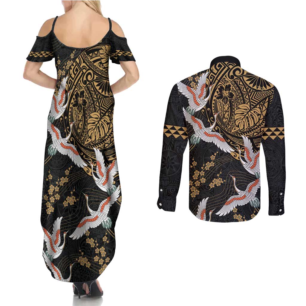 Hawaii and Japanese Together Couples Matching Summer Maxi Dress and Long Sleeve Button Shirt Cranes Birds with Kakau Pattern