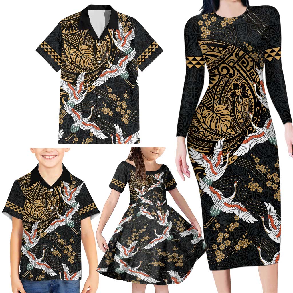 Hawaii and Japanese Together Family Matching Long Sleeve Bodycon Dress and Hawaiian Shirt Cranes Birds with Kakau Pattern LT03 - Polynesian Pride
