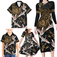 Hawaii and Japanese Together Family Matching Long Sleeve Bodycon Dress and Hawaiian Shirt Cranes Birds with Kakau Pattern LT03 - Polynesian Pride