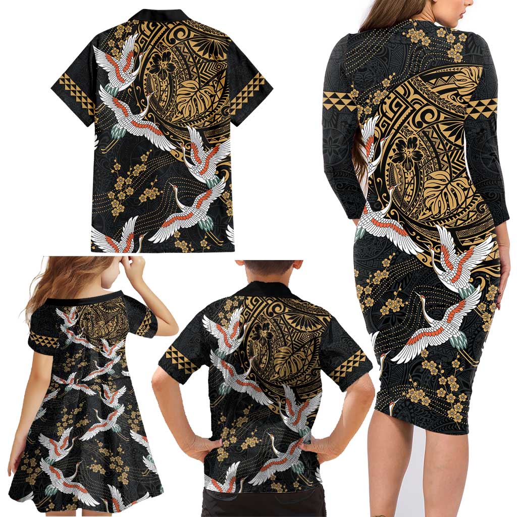 Hawaii and Japanese Together Family Matching Long Sleeve Bodycon Dress and Hawaiian Shirt Cranes Birds with Kakau Pattern LT03 - Polynesian Pride