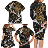 Hawaii and Japanese Together Family Matching Long Sleeve Bodycon Dress and Hawaiian Shirt Cranes Birds with Kakau Pattern LT03 - Polynesian Pride