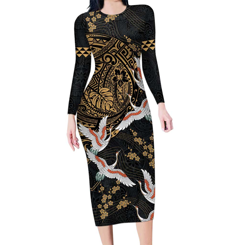 Hawaii and Japanese Together Family Matching Long Sleeve Bodycon Dress and Hawaiian Shirt Cranes Birds with Kakau Pattern LT03 Mom's Dress Black - Polynesian Pride