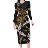 Hawaii and Japanese Together Family Matching Long Sleeve Bodycon Dress and Hawaiian Shirt Cranes Birds with Kakau Pattern LT03 Mom's Dress Black - Polynesian Pride