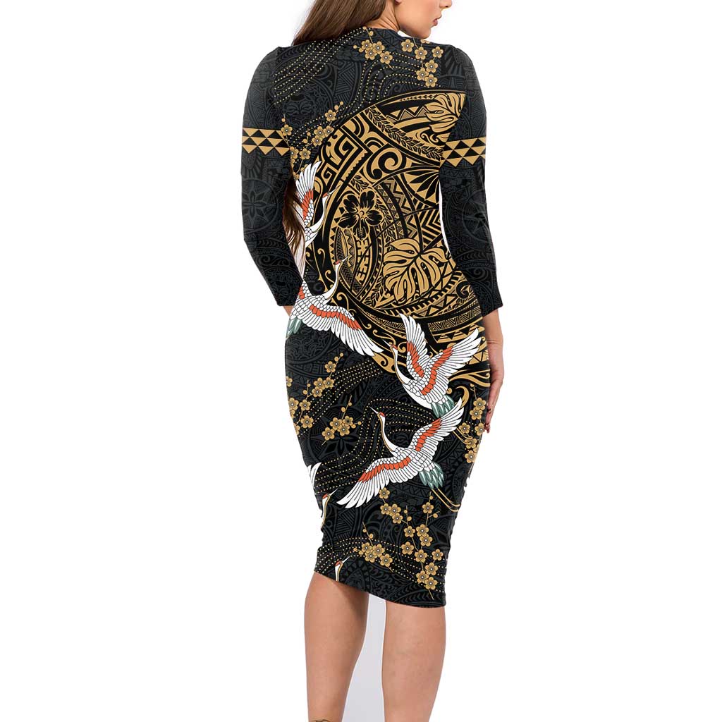 Hawaii and Japanese Together Family Matching Long Sleeve Bodycon Dress and Hawaiian Shirt Cranes Birds with Kakau Pattern LT03 - Polynesian Pride
