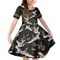 Hawaii and Japanese Together Family Matching Mermaid Dress and Hawaiian Shirt Cranes Birds with Kakau Pattern LT03 Daughter's Dress Black - Polynesian Pride