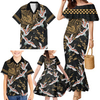 Hawaii and Japanese Together Family Matching Mermaid Dress and Hawaiian Shirt Cranes Birds with Kakau Pattern LT03 - Polynesian Pride