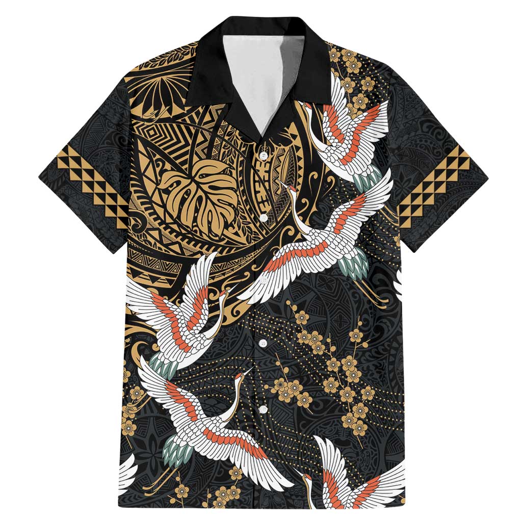 Hawaii and Japanese Together Family Matching Mermaid Dress and Hawaiian Shirt Cranes Birds with Kakau Pattern LT03 Dad's Shirt - Short Sleeve Black - Polynesian Pride
