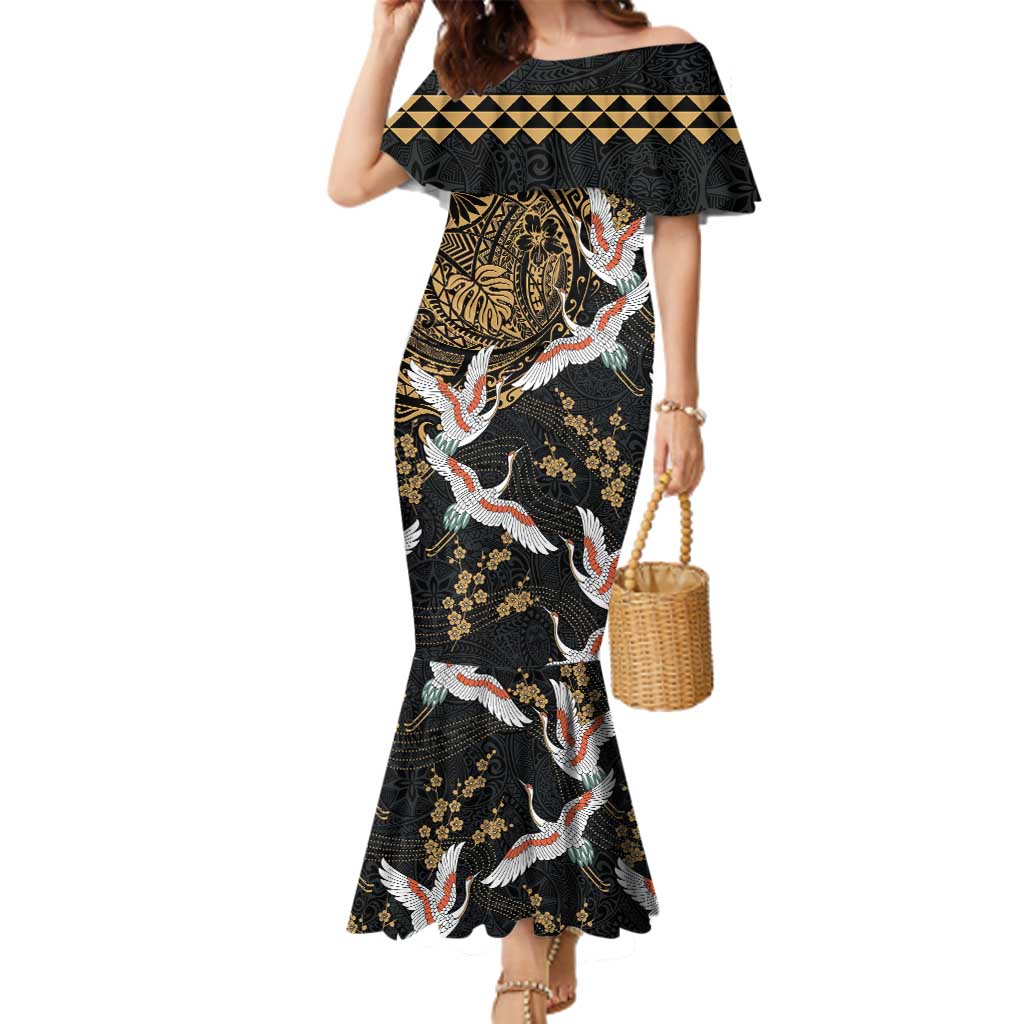 Hawaii and Japanese Together Family Matching Mermaid Dress and Hawaiian Shirt Cranes Birds with Kakau Pattern LT03 Mom's Dress Black - Polynesian Pride