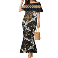 Hawaii and Japanese Together Family Matching Mermaid Dress and Hawaiian Shirt Cranes Birds with Kakau Pattern LT03 Mom's Dress Black - Polynesian Pride