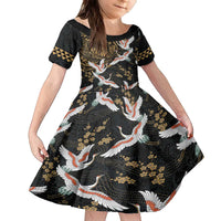 Hawaii and Japanese Together Family Matching Off The Shoulder Long Sleeve Dress and Hawaiian Shirt Cranes Birds with Kakau Pattern LT03 Daughter's Dress Black - Polynesian Pride