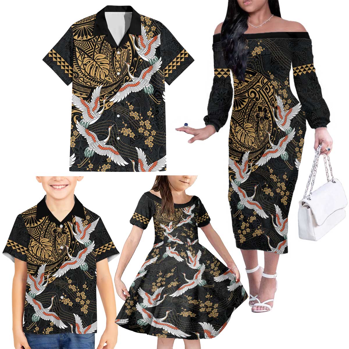 Hawaii and Japanese Together Family Matching Off The Shoulder Long Sleeve Dress and Hawaiian Shirt Cranes Birds with Kakau Pattern LT03 - Polynesian Pride