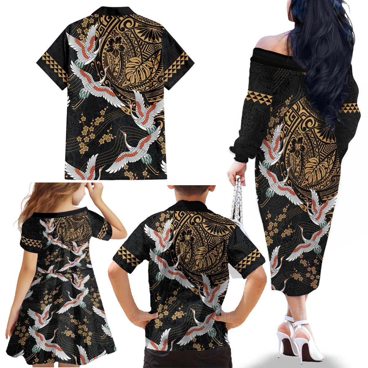 Hawaii and Japanese Together Family Matching Off The Shoulder Long Sleeve Dress and Hawaiian Shirt Cranes Birds with Kakau Pattern LT03 - Polynesian Pride