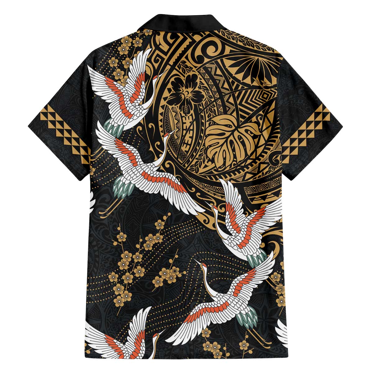 Hawaii and Japanese Together Family Matching Off The Shoulder Long Sleeve Dress and Hawaiian Shirt Cranes Birds with Kakau Pattern LT03 - Polynesian Pride
