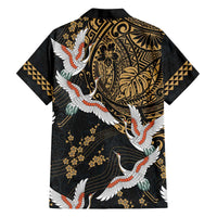 Hawaii and Japanese Together Family Matching Off The Shoulder Long Sleeve Dress and Hawaiian Shirt Cranes Birds with Kakau Pattern LT03 - Polynesian Pride