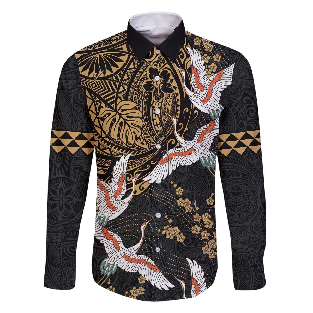 Hawaii and Japanese Together Family Matching Off The Shoulder Long Sleeve Dress and Hawaiian Shirt Cranes Birds with Kakau Pattern LT03 Dad's Shirt - Long Sleeve Black - Polynesian Pride