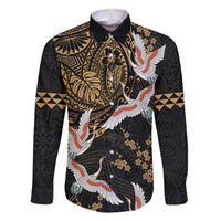 Hawaii and Japanese Together Family Matching Off The Shoulder Long Sleeve Dress and Hawaiian Shirt Cranes Birds with Kakau Pattern LT03 Dad's Shirt - Long Sleeve Black - Polynesian Pride