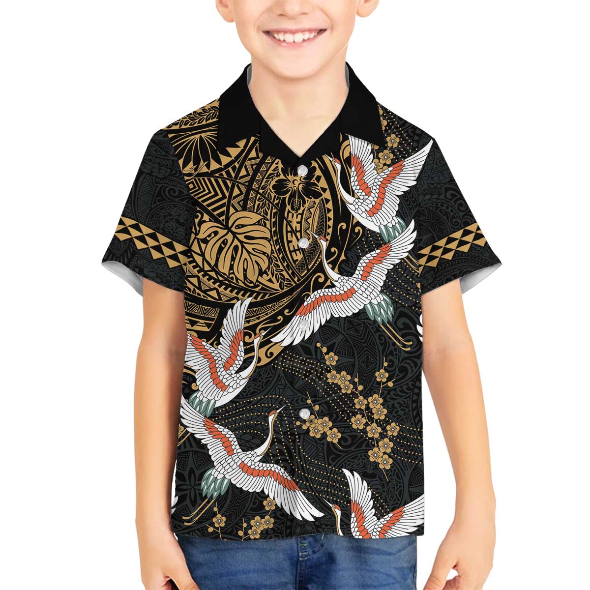 Hawaii and Japanese Together Family Matching Off The Shoulder Long Sleeve Dress and Hawaiian Shirt Cranes Birds with Kakau Pattern LT03 Son's Shirt Black - Polynesian Pride