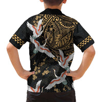 Hawaii and Japanese Together Family Matching Off Shoulder Maxi Dress and Hawaiian Shirt Cranes Birds with Kakau Pattern LT03 - Polynesian Pride