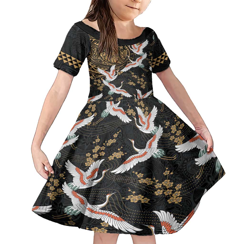 Hawaii and Japanese Together Family Matching Off Shoulder Maxi Dress and Hawaiian Shirt Cranes Birds with Kakau Pattern LT03 Daughter's Dress Black - Polynesian Pride