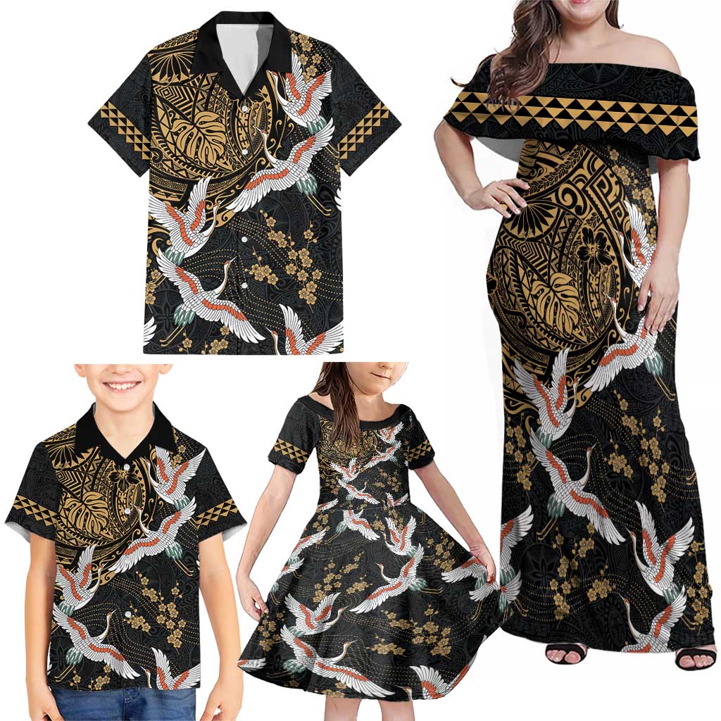 Hawaii and Japanese Together Family Matching Off Shoulder Maxi Dress and Hawaiian Shirt Cranes Birds with Kakau Pattern LT03 - Polynesian Pride