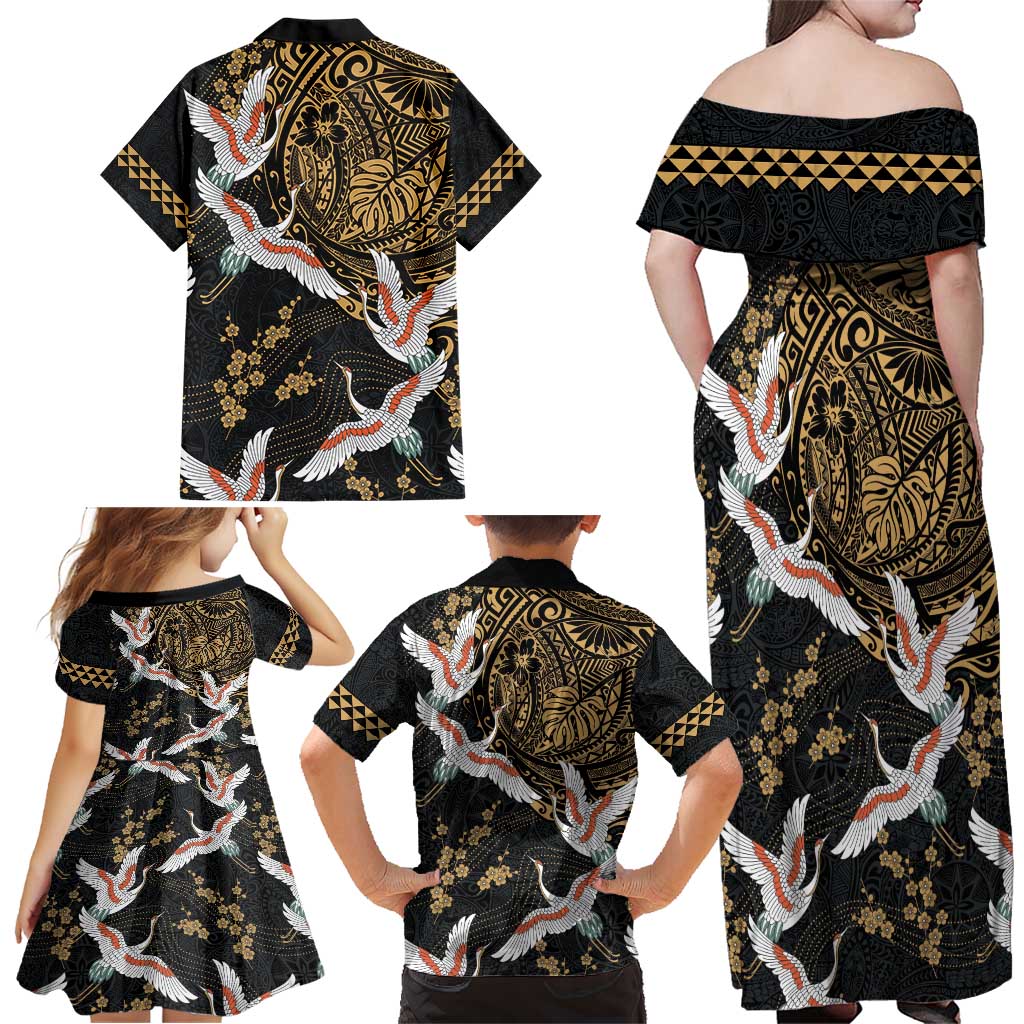 Hawaii and Japanese Together Family Matching Off Shoulder Maxi Dress and Hawaiian Shirt Cranes Birds with Kakau Pattern LT03 - Polynesian Pride