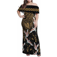Hawaii and Japanese Together Family Matching Off Shoulder Maxi Dress and Hawaiian Shirt Cranes Birds with Kakau Pattern LT03 Mom's Dress Black - Polynesian Pride