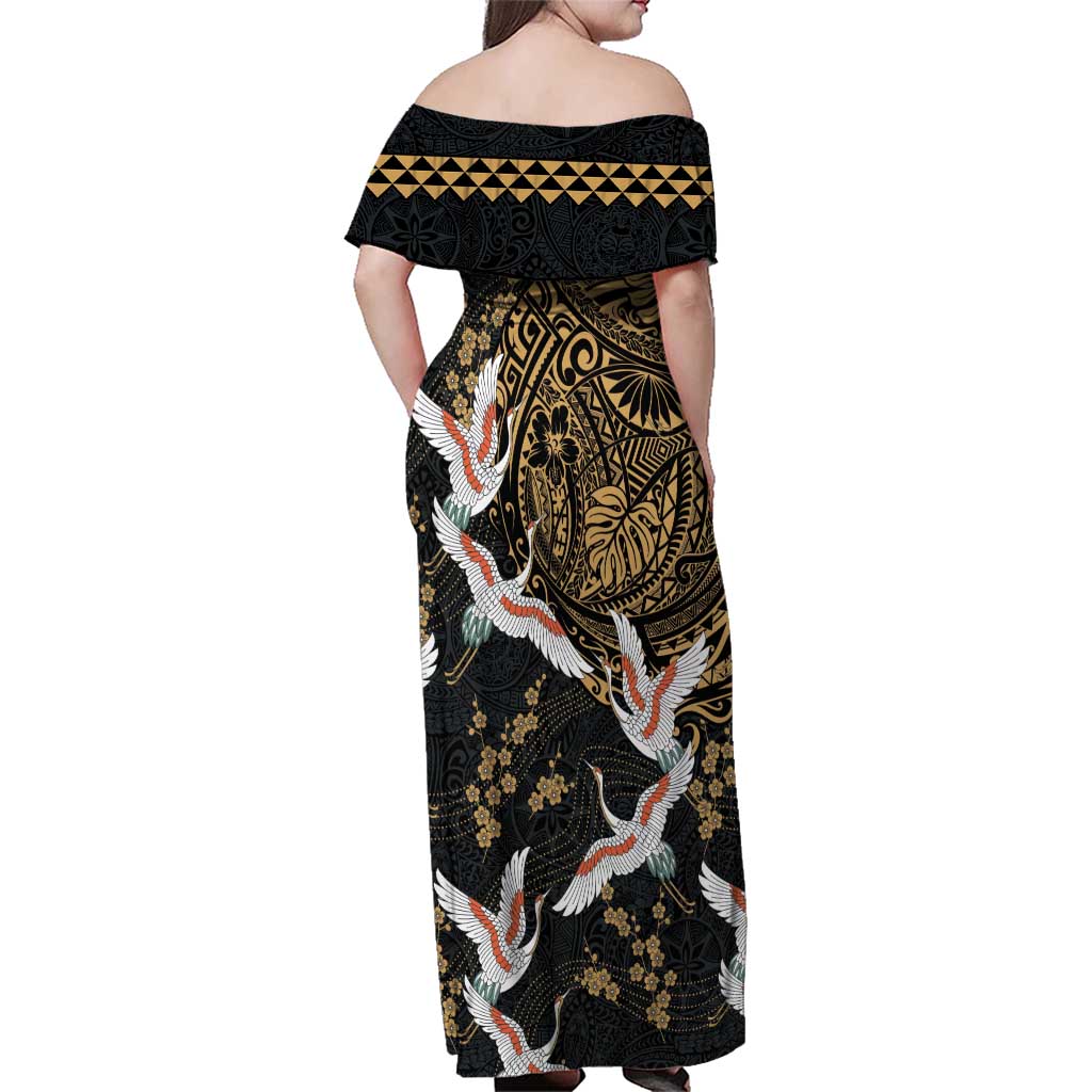 Hawaii and Japanese Together Family Matching Off Shoulder Maxi Dress and Hawaiian Shirt Cranes Birds with Kakau Pattern LT03 - Polynesian Pride