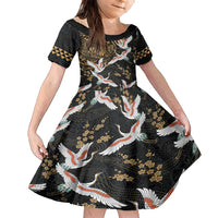 Hawaii and Japanese Together Family Matching Off Shoulder Short Dress and Hawaiian Shirt Cranes Birds with Kakau Pattern LT03 Daughter's Dress Black - Polynesian Pride