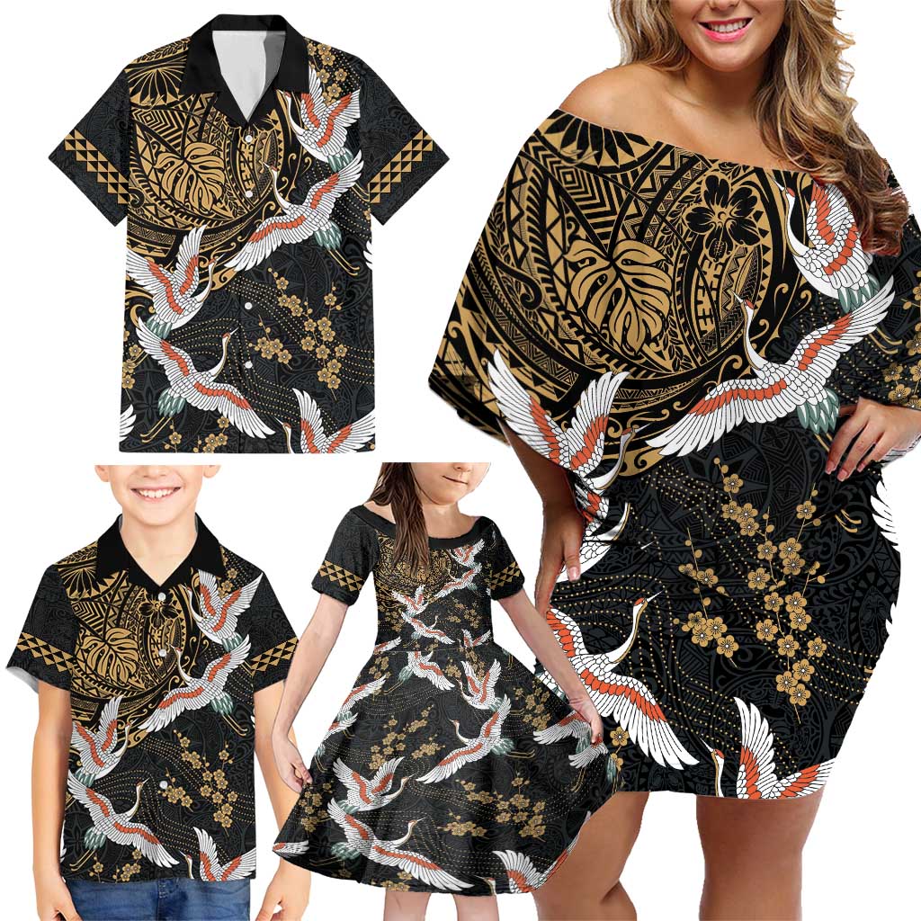 Hawaii and Japanese Together Family Matching Off Shoulder Short Dress and Hawaiian Shirt Cranes Birds with Kakau Pattern LT03 - Polynesian Pride