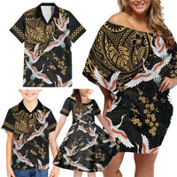 Hawaii and Japanese Together Family Matching Off Shoulder Short Dress and Hawaiian Shirt Cranes Birds with Kakau Pattern LT03 - Polynesian Pride