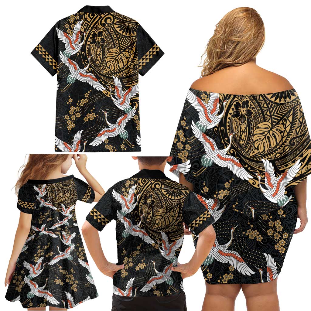 Hawaii and Japanese Together Family Matching Off Shoulder Short Dress and Hawaiian Shirt Cranes Birds with Kakau Pattern LT03 - Polynesian Pride