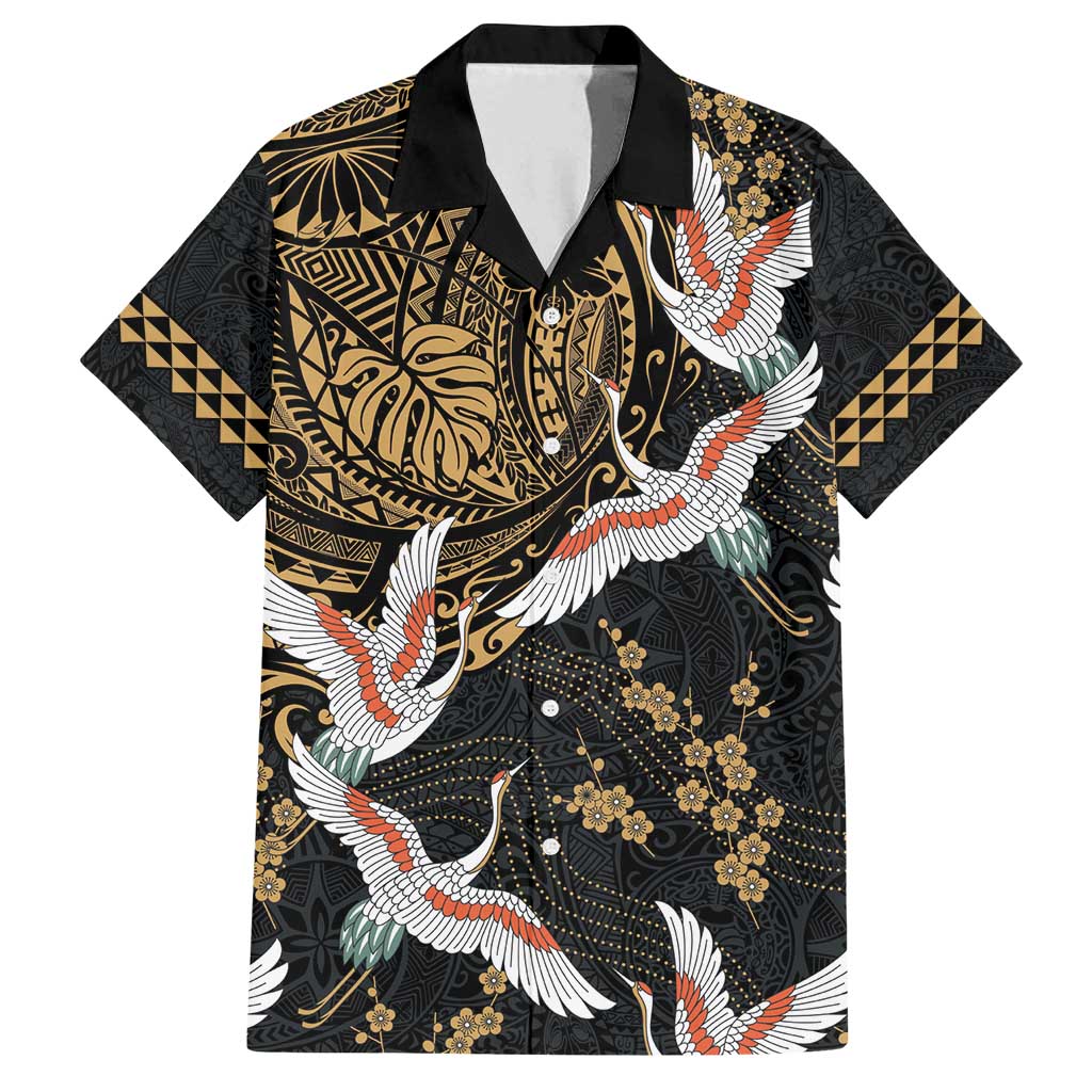Hawaii and Japanese Together Family Matching Off Shoulder Short Dress and Hawaiian Shirt Cranes Birds with Kakau Pattern LT03 Dad's Shirt - Short Sleeve Black - Polynesian Pride