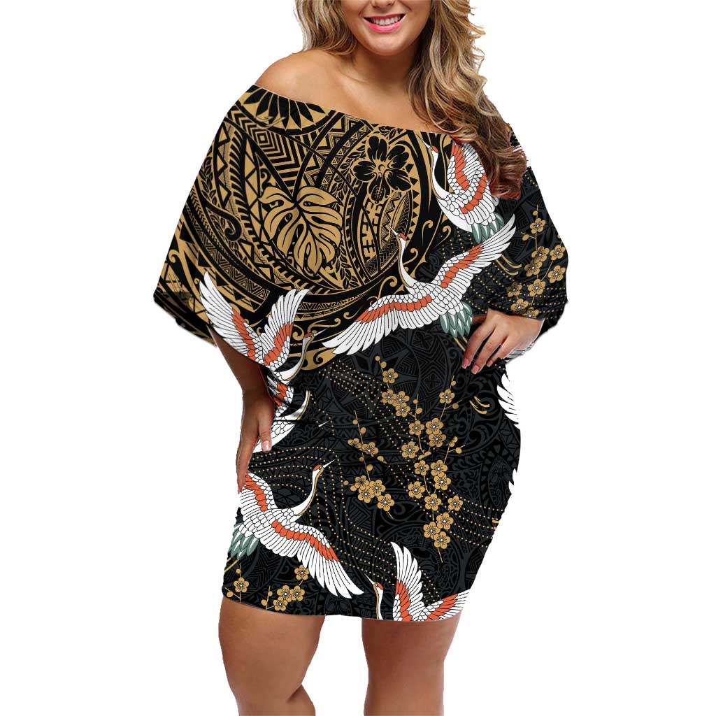 Hawaii and Japanese Together Family Matching Off Shoulder Short Dress and Hawaiian Shirt Cranes Birds with Kakau Pattern LT03 Mom's Dress Black - Polynesian Pride