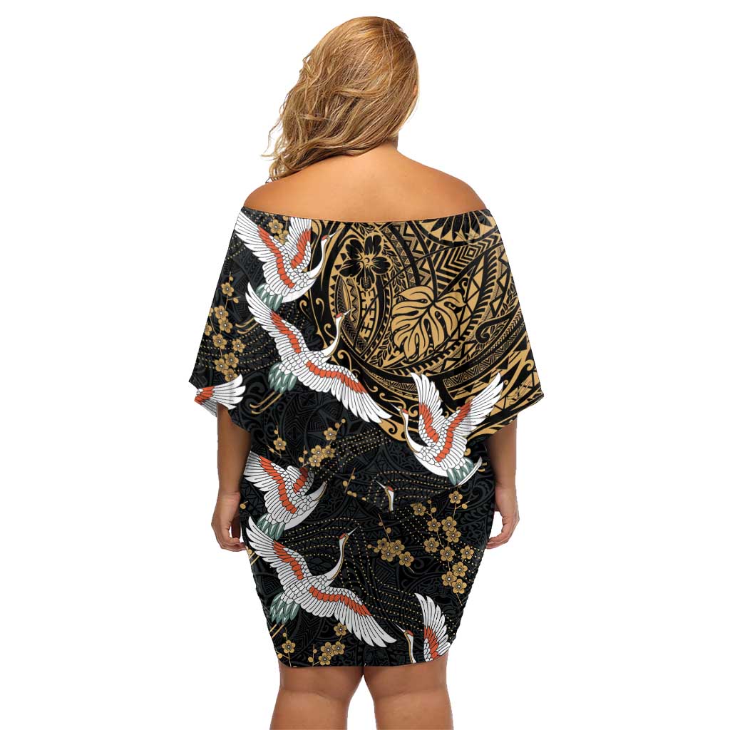 Hawaii and Japanese Together Family Matching Off Shoulder Short Dress and Hawaiian Shirt Cranes Birds with Kakau Pattern LT03 - Polynesian Pride