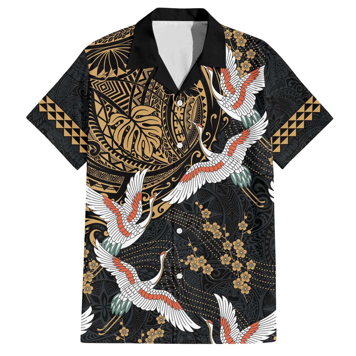 Hawaii and Japanese Together Family Matching Puletasi and Hawaiian Shirt Cranes Birds with Kakau Pattern