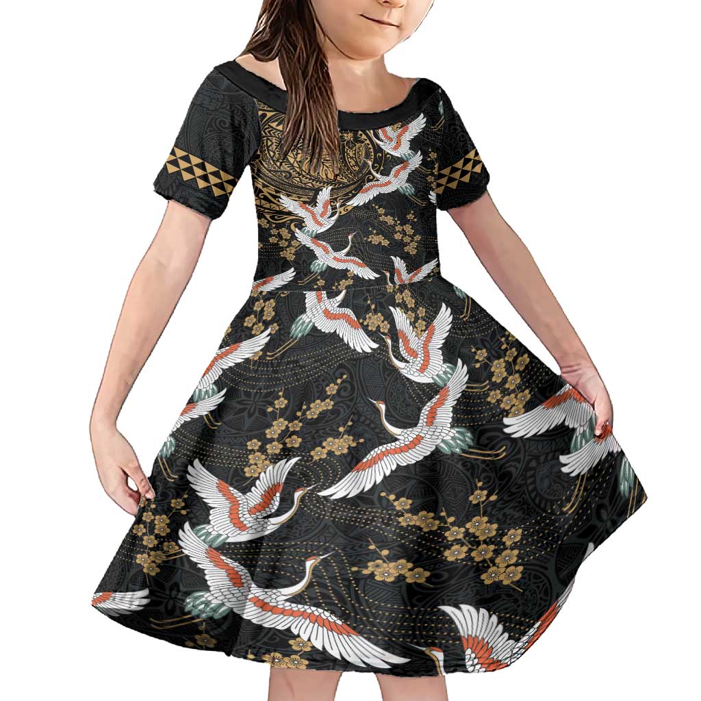 Hawaii and Japanese Together Family Matching Short Sleeve Bodycon Dress and Hawaiian Shirt Cranes Birds with Kakau Pattern LT03 Daughter's Dress Black - Polynesian Pride