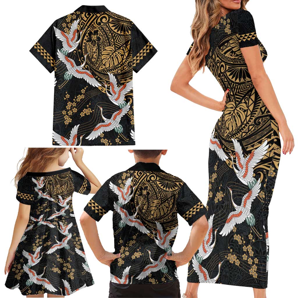 Hawaii and Japanese Together Family Matching Short Sleeve Bodycon Dress and Hawaiian Shirt Cranes Birds with Kakau Pattern LT03 - Polynesian Pride