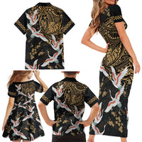Hawaii and Japanese Together Family Matching Short Sleeve Bodycon Dress and Hawaiian Shirt Cranes Birds with Kakau Pattern LT03 - Polynesian Pride