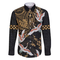 Hawaii and Japanese Together Family Matching Short Sleeve Bodycon Dress and Hawaiian Shirt Cranes Birds with Kakau Pattern LT03 Dad's Shirt - Long Sleeve Black - Polynesian Pride