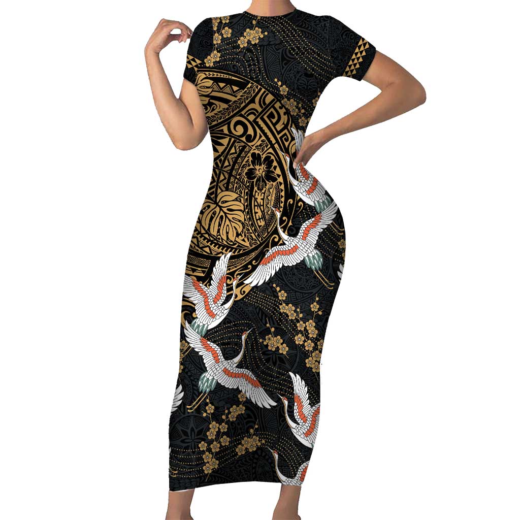 Hawaii and Japanese Together Family Matching Short Sleeve Bodycon Dress and Hawaiian Shirt Cranes Birds with Kakau Pattern LT03 Mom's Dress Black - Polynesian Pride
