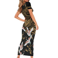 Hawaii and Japanese Together Family Matching Short Sleeve Bodycon Dress and Hawaiian Shirt Cranes Birds with Kakau Pattern LT03 - Polynesian Pride