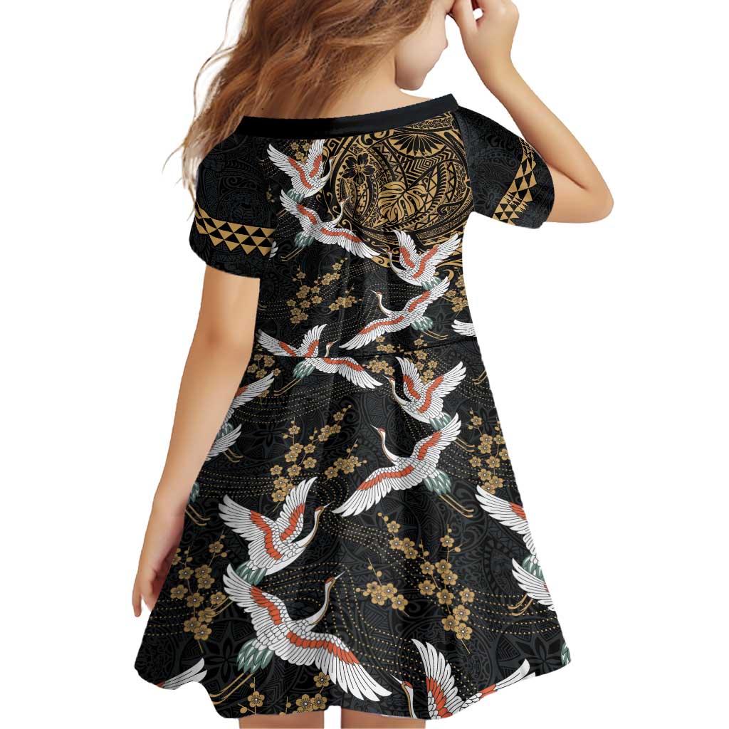Hawaii and Japanese Together Family Matching Summer Maxi Dress and Hawaiian Shirt Cranes Birds with Kakau Pattern LT03 - Polynesian Pride