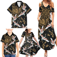 Hawaii and Japanese Together Family Matching Summer Maxi Dress and Hawaiian Shirt Cranes Birds with Kakau Pattern LT03 - Polynesian Pride