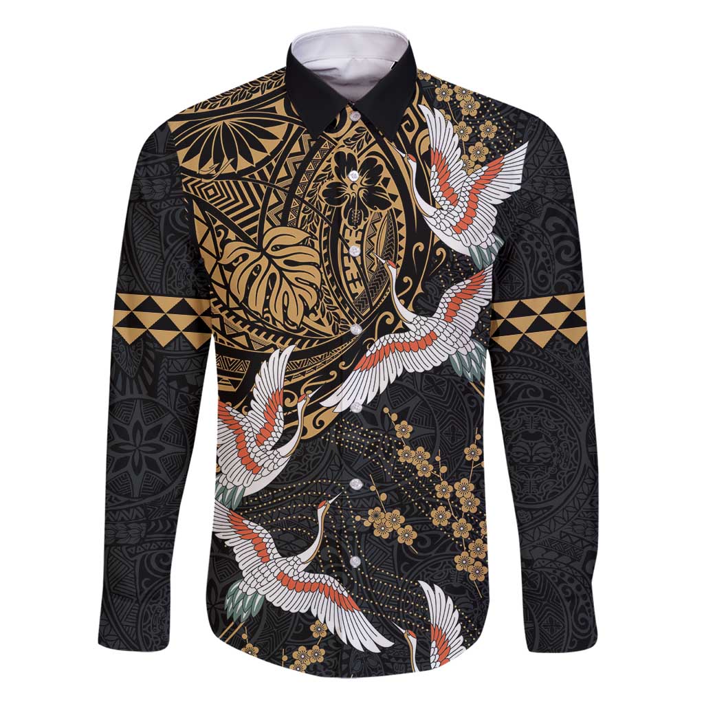 Hawaii and Japanese Together Family Matching Summer Maxi Dress and Hawaiian Shirt Cranes Birds with Kakau Pattern LT03 Dad's Shirt - Long Sleeve Black - Polynesian Pride