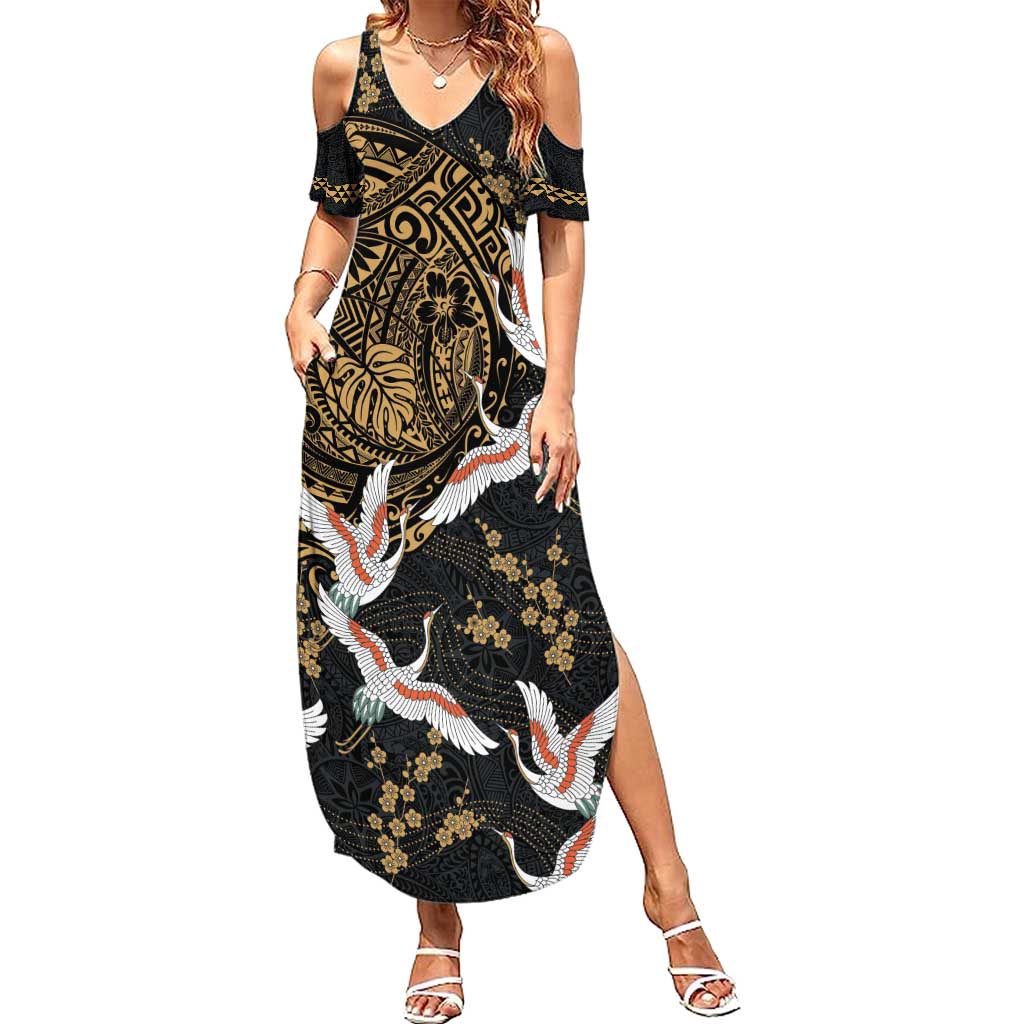 Hawaii and Japanese Together Family Matching Summer Maxi Dress and Hawaiian Shirt Cranes Birds with Kakau Pattern LT03 Mom's Dress Black - Polynesian Pride