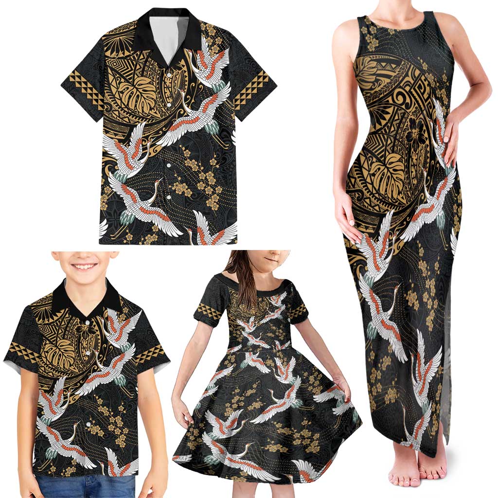 Hawaii and Japanese Together Family Matching Tank Maxi Dress and Hawaiian Shirt Cranes Birds with Kakau Pattern LT03 - Polynesian Pride