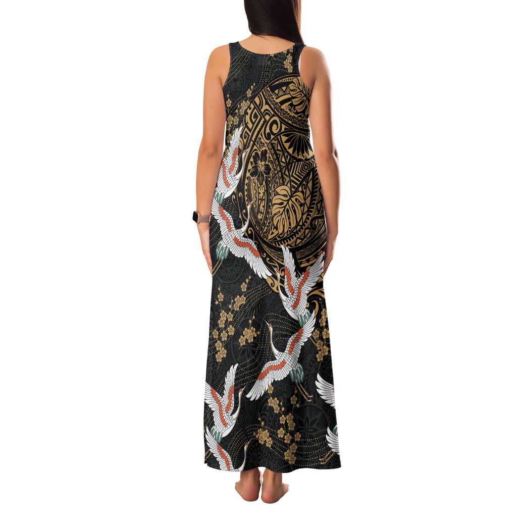 Hawaii and Japanese Together Family Matching Tank Maxi Dress and Hawaiian Shirt Cranes Birds with Kakau Pattern LT03 - Polynesian Pride