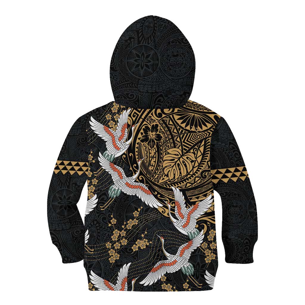 Hawaii and Japanese Together Kid Hoodie Cranes Birds with Kakau Pattern
