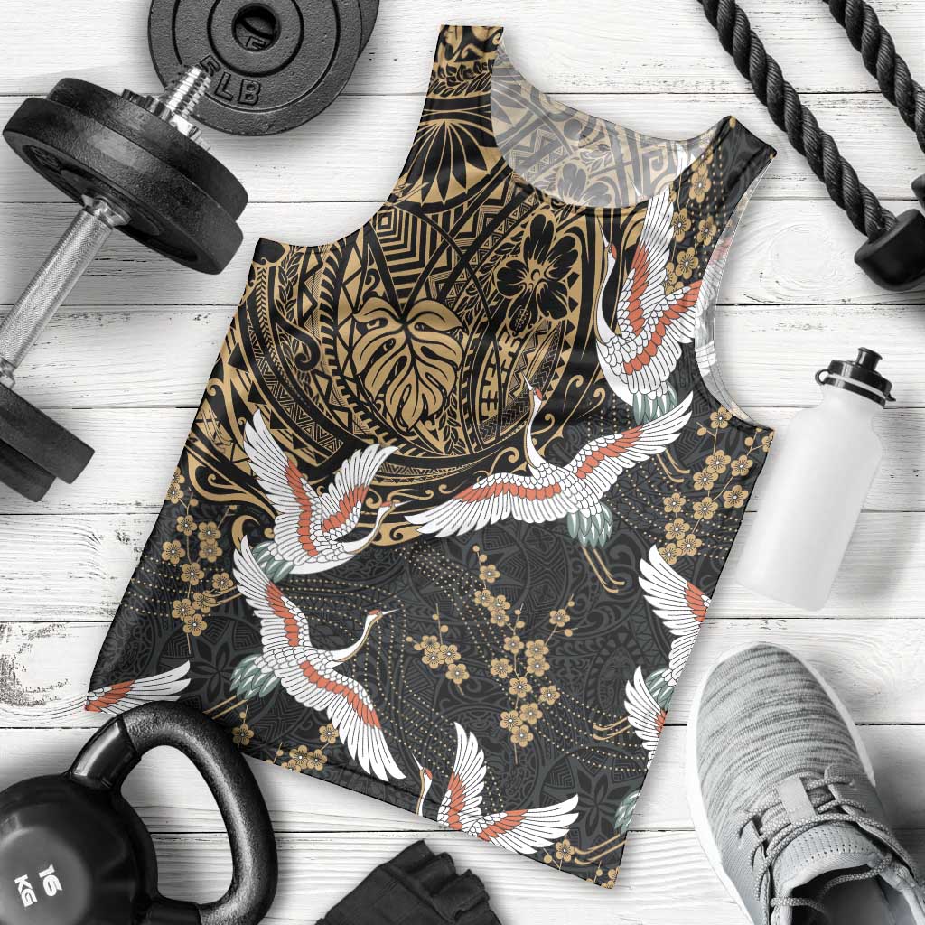 Hawaii and Japanese Together Men Tank Top Cranes Birds with Kakau Pattern